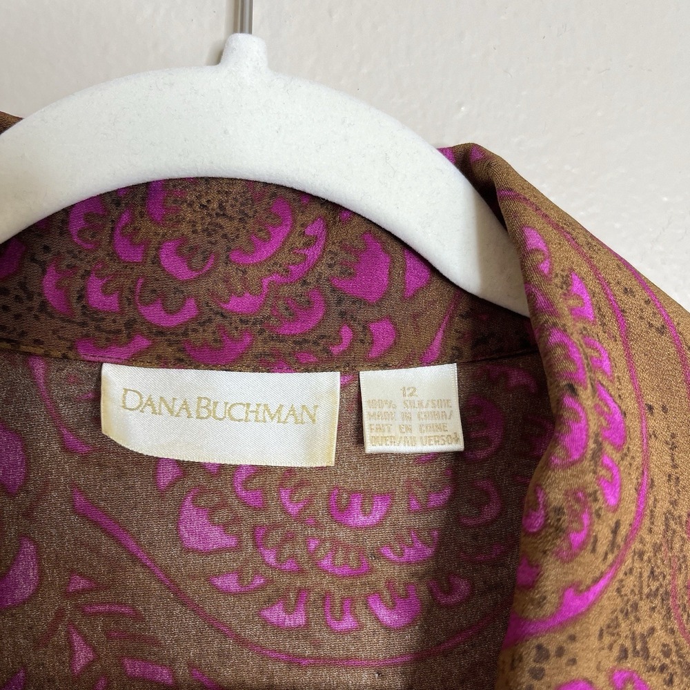 Vtg Dana Buchman Silk Blouse Button Up 12 Lagenlook Tunic Pink Brown‎ Boho Artsy - Picture 7 of 10